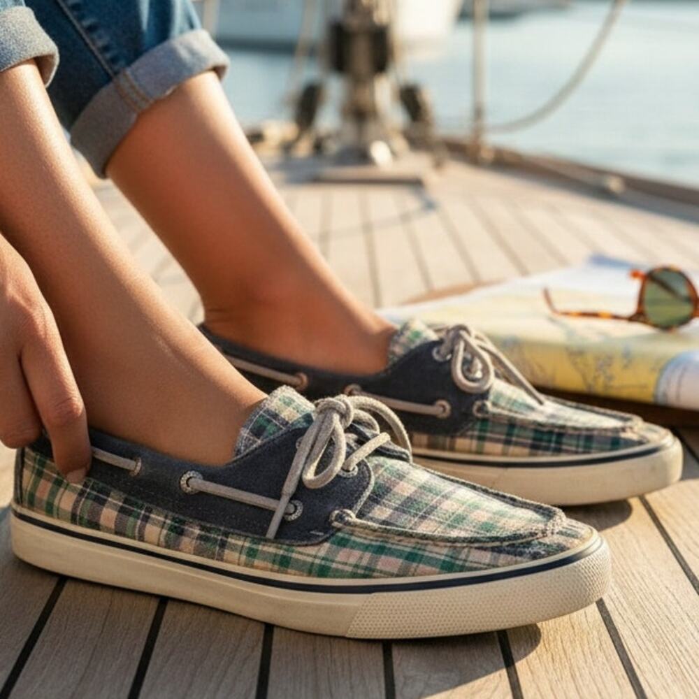 Sperry Biscayne 2 Eye Womens Size 8.5 Blue Plaid Canvas Boat Shoes 9605569